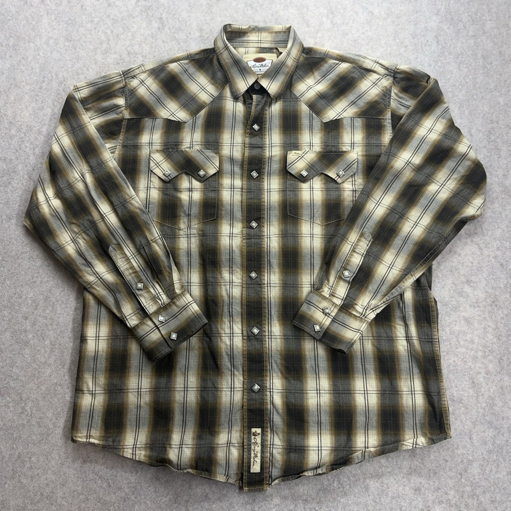 Larry Mahan Western Long Sleeve Shirt Men's XL Tan Plaid Pearl Snap Cowboy Rodeo